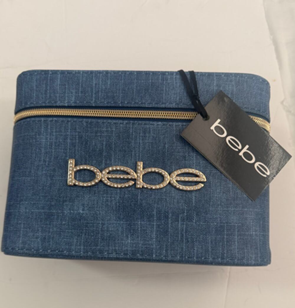 bebe Blue Denim Makeup Cosmetic Bag Rhinestone Logo Gold Zipper NWT